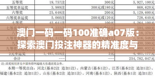 澳门一码一码100准确a07版：探索澳门投注神器的精准度与用户信赖